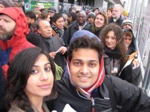 Marina Ahmad of the Pakistan Youth Climate Network and Aniruddha Sharma of International Youth Climate Movement wait outside the UN climate summit, despite Danish police statements that NGOs will not be admitted for the remainder of the day. 